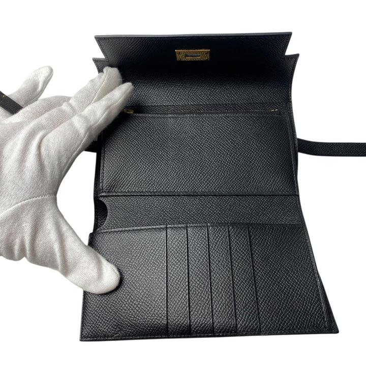 美品 エルメス HERMES ケリーウォレット ミディアム 黒 エプソン GD金具 D刻印 レディース