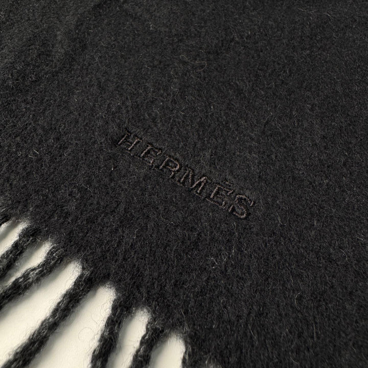 エルメス HERMES マフラー ブラック×グレー フリンジ タグなし レディース