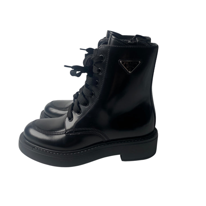 美品 プラダ PRADA レディース レースアップブーツ 34 1/2 三角ロゴプレート