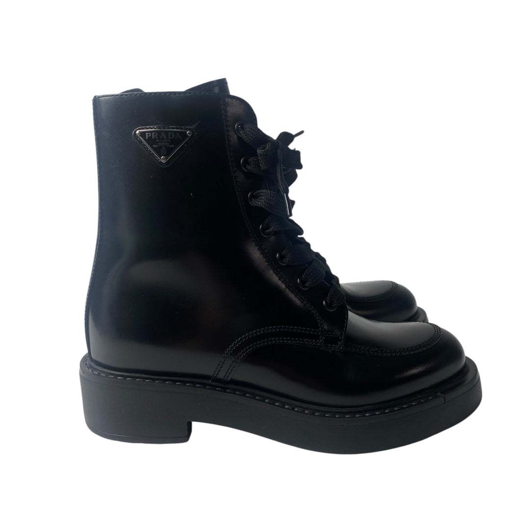 美品 プラダ PRADA レディース レースアップブーツ 34 1/2 三角ロゴプレート