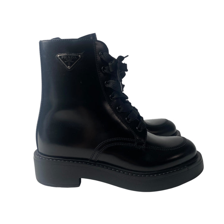 美品 プラダ PRADA レディース レースアップブーツ 34 1/2 三角ロゴプレート