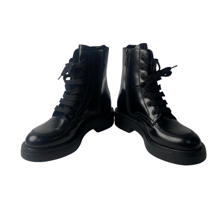 美品 プラダ PRADA レディース レースアップブーツ 34 1/2 三角ロゴプレート