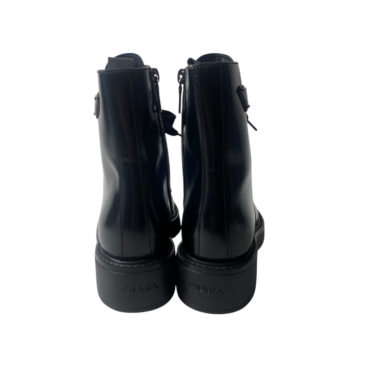 美品 プラダ PRADA レディース レースアップブーツ 34 1/2 三角ロゴプレート