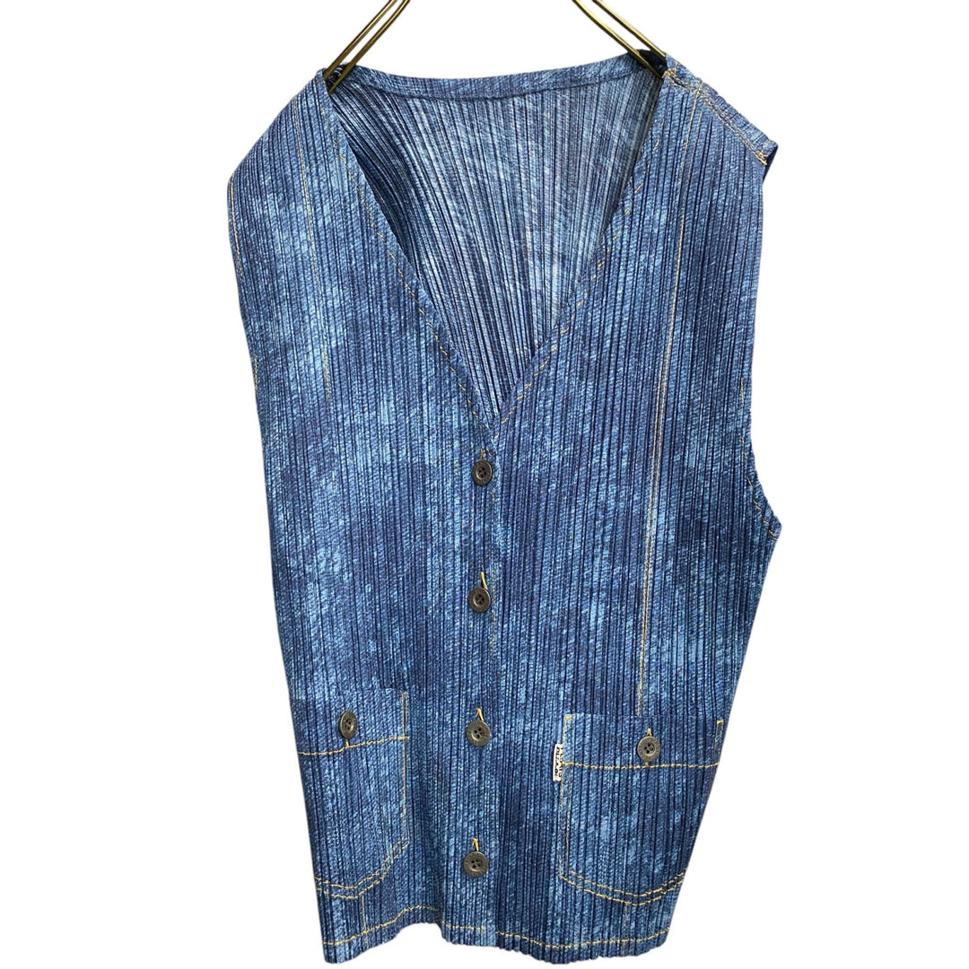 美品 イッセイミヤケ ISSEY MIYAKE メンズ プリーツ ベスト デニム柄