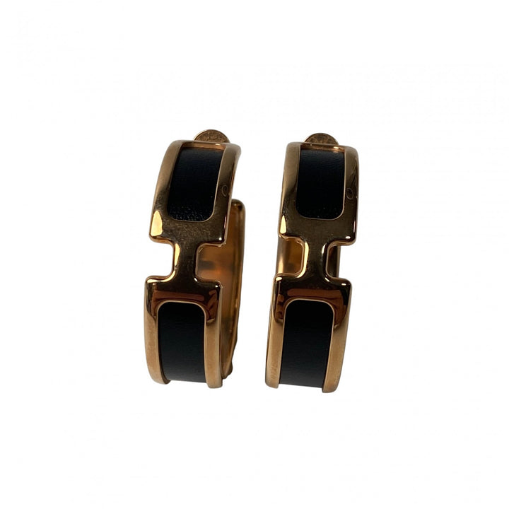 美品 エルメス HERMES レディース オランプ フープ ピアス ブラック ゴールド