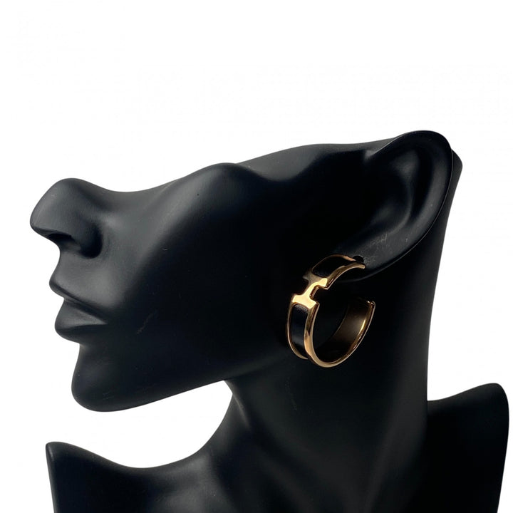 美品 エルメス HERMES レディース オランプ フープ ピアス ブラック ゴールド