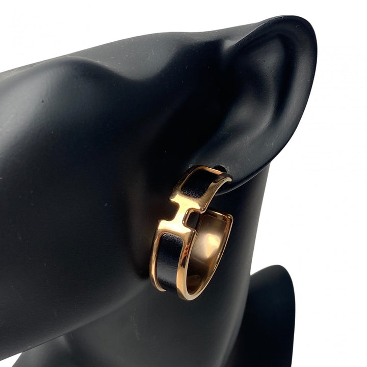 美品 エルメス HERMES レディース オランプ フープ ピアス ブラック ゴールド