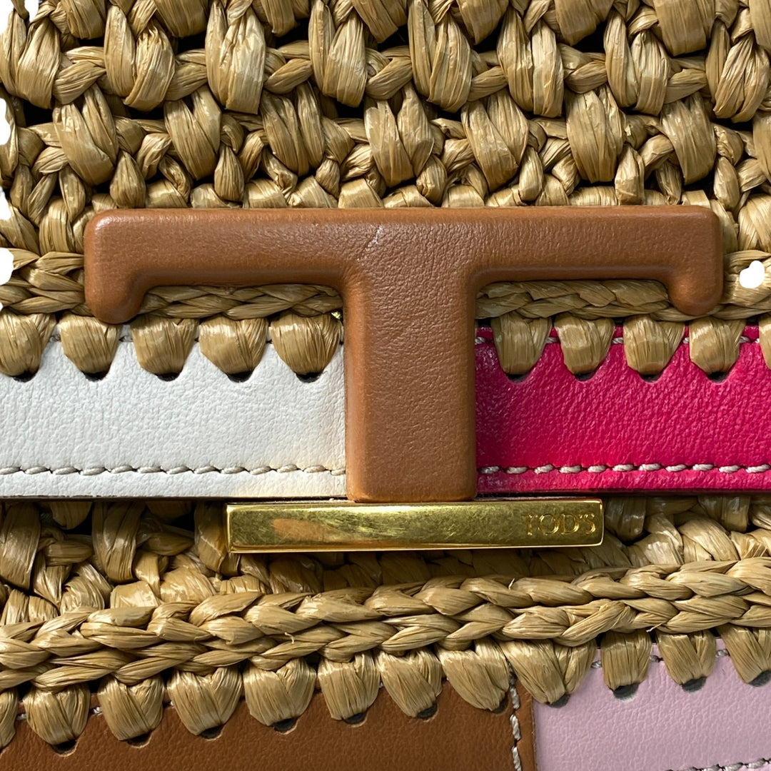 美品 トッズ TOD's レディース Tタイムレス ラフィア 2way ショルダーバッグ かごバッグ ハンドバッグ 斜めがけ クロスボディ