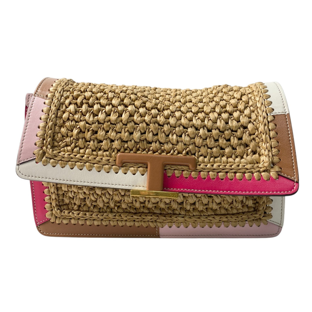 美品 トッズ TOD's レディース Tタイムレス ラフィア 2way ショルダーバッグ かごバッグ ハンドバッグ 斜めがけ クロスボディ