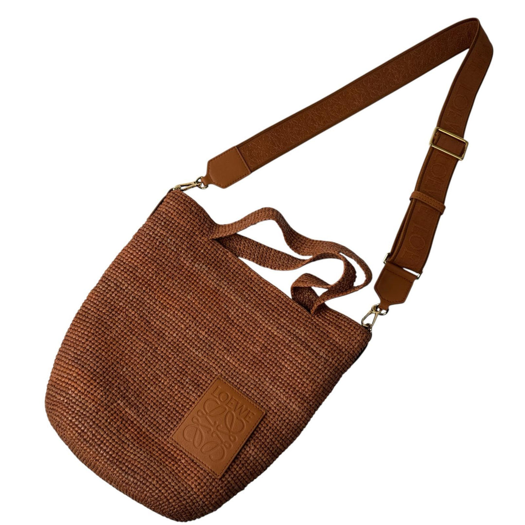 美品 ロエベ LOEWE スリットバッグ ミニ ラフィア×レザー 2way トートバッグ ショルダーバッグ 斜めがけ クロスボディ レディース