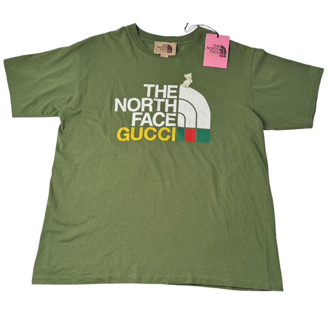 美品 グッチ×ノースフェイス GUCCI × THE NORTH FACE コラボ Tシャツ 猫 カーキ グリーン 616036 XJDRD 3450 メンズ