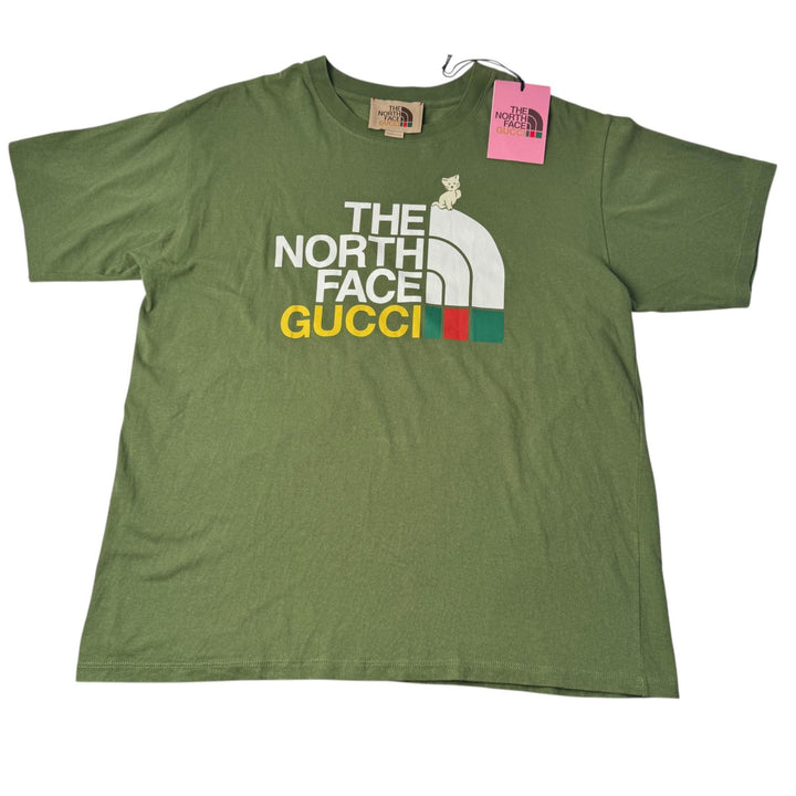 美品 グッチ×ノースフェイス GUCCI × THE NORTH FACE コラボ Tシャツ 猫 カーキ グリーン 616036 XJDRD 3450 メンズ