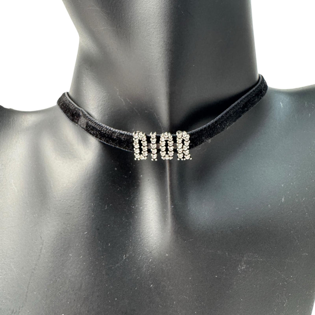 Dior ディオール ベルベット チョーカー クリスタルロゴ 黒 レディース